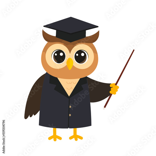 Wise cartoon owl professor in a graduation cap holding a pointer.
