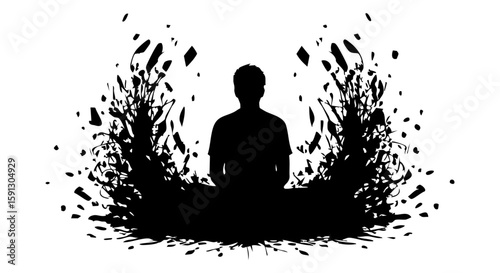 Vector art of silhouette of a person sitting in a meditative pose with abstract energy isolated on transparent background