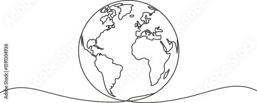 A minimalistic line drawing of the earth globe with continents on a light background showing geography