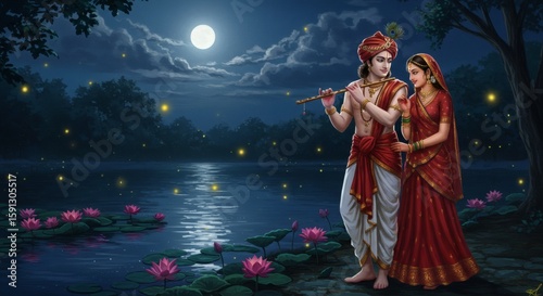 Romantic Indian Couple by Moonlit River – Man Playing Flute, Woman Smiling Softly Among Blooming Lotuses and Fireflies, Dreamy Night Scene, Classical Art-Inspired, Highly Detailed Illustration