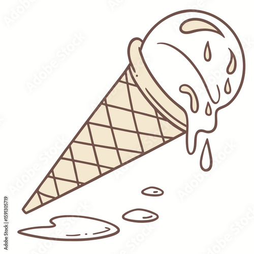 Illustration of a melting ice cream cone with three flavors and a puddle on a white background image