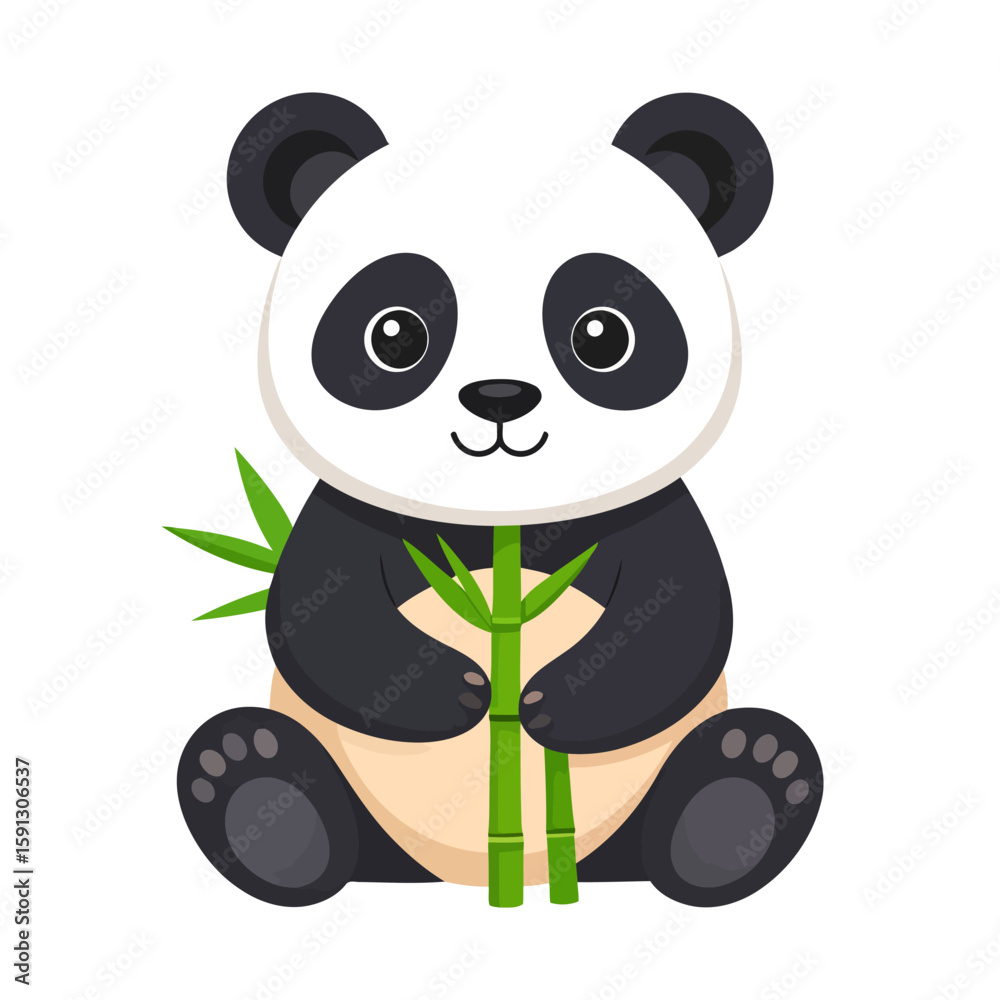 Obraz premium Adorable cartoon panda bear sitting down and holding a green bamboo stalk with a friendly smile.