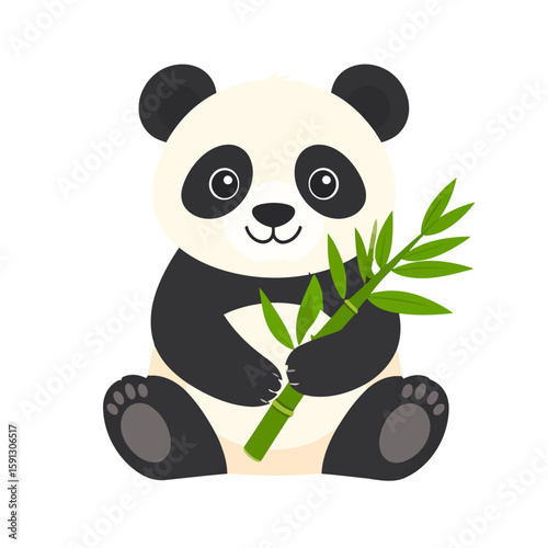 Cute cartoon panda bear sitting happily while holding a green bamboo stalk