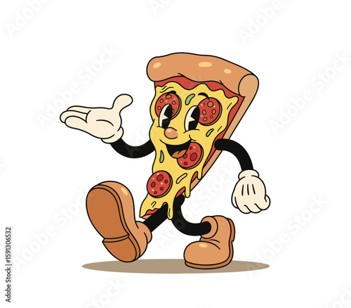 Cheerful retro cartoon pizza slice walking, welcoming with open hand Vector Design Illustration