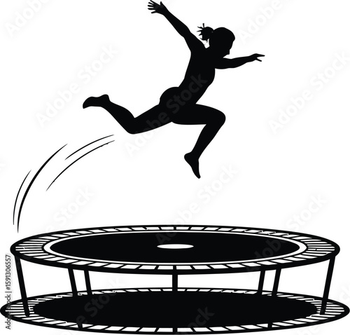 Silhouette of a woman jumping on a trampoline with arms outstretched against a light gray background