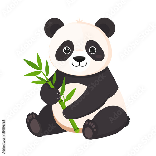 Adorable cartoon giant panda bear sitting happily while holding a green bamboo stalk.