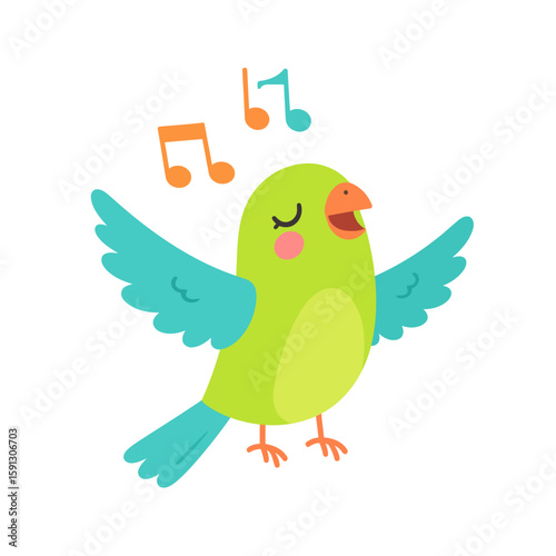 Adorable lime green bird with turquoise wings singing joyfully with musical notes.
