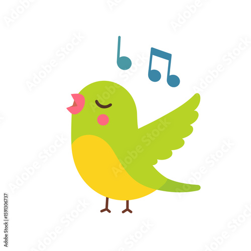 A cute, stylized green and yellow cartoon bird singing happily with musical notes.