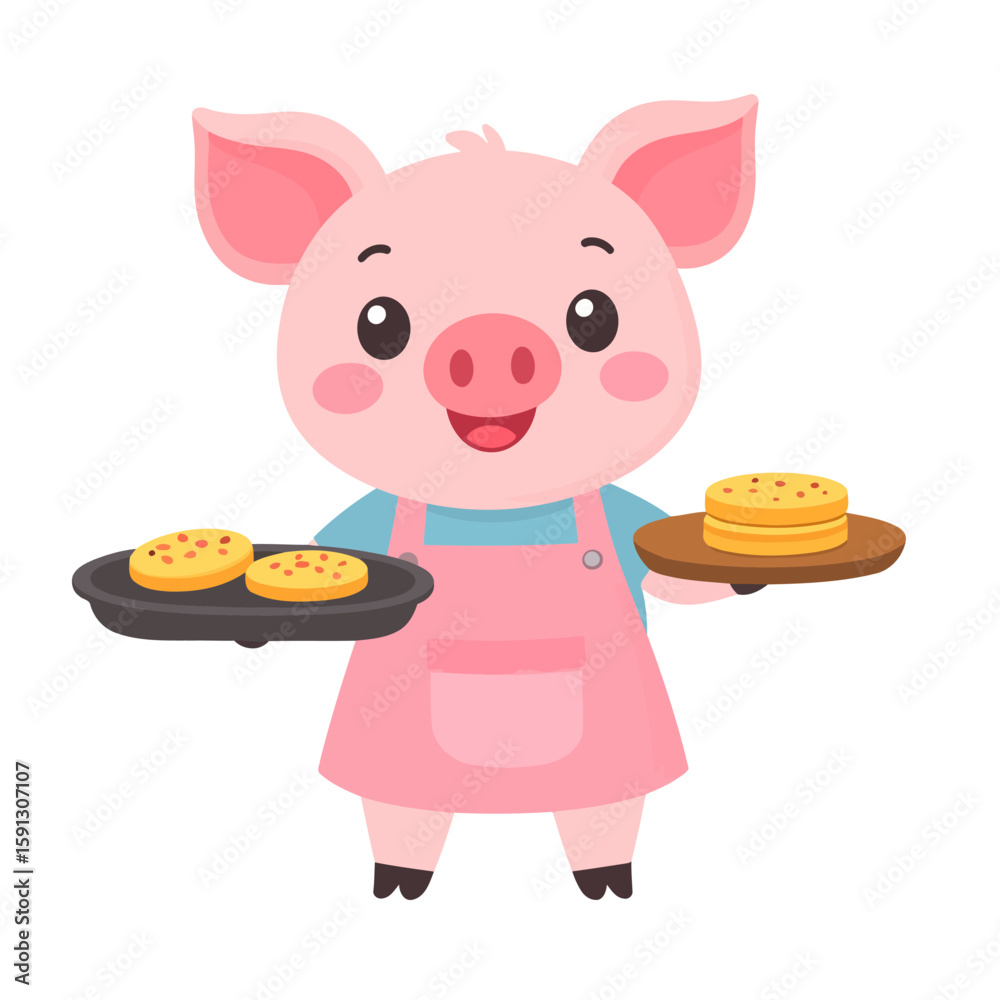 Cute cartoon pig chef in a pink apron holding a frying pan and a plate of pancakes. Cute cartoon pig chef in a pink apron holding a frying pan and a plate of pancakes.