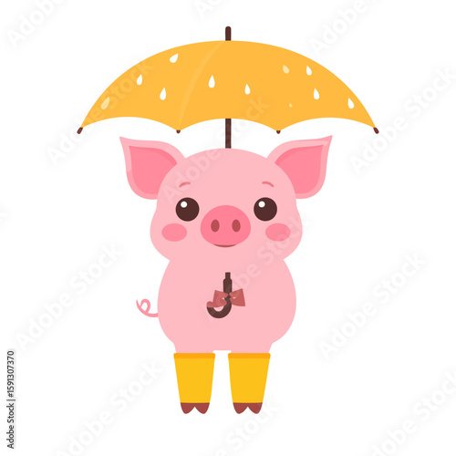 Adorable pink cartoon piglet wearing yellow rain boots and holding a yellow umbrella with raindrops.