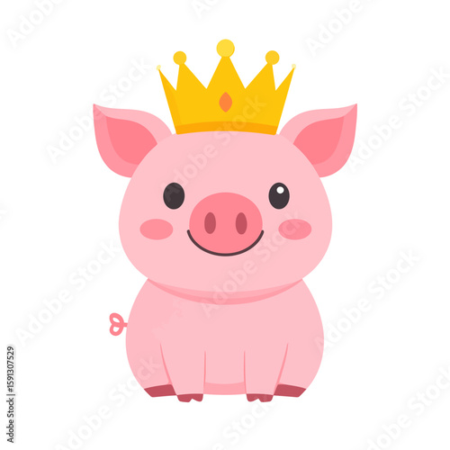 A cute pink cartoon piglet sitting happily while wearing a shiny golden crown.