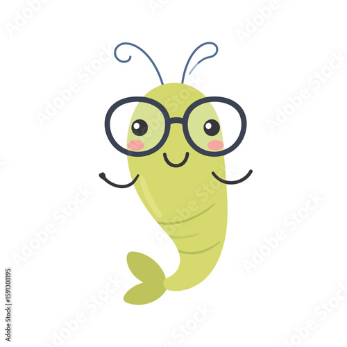 Adorable nerdy green shrimp character wearing large round black eyeglasses and smiling.