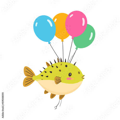 Cute green pufferfish with spikes and rosy cheeks floating with colorful party balloons.