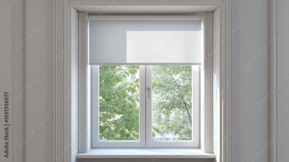 Fototapeta premium Off-white roller shade installed on a double-hung window, showcasing a view of green trees