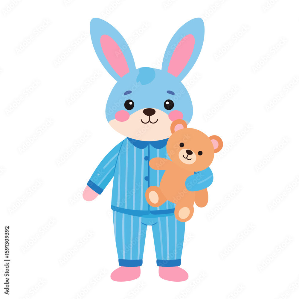 Obraz premium Cute blue bunny in striped pajamas holding a small brown teddy bear.