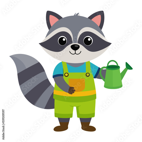 Cute cartoon raccoon gardener in green overalls holding a watering can.