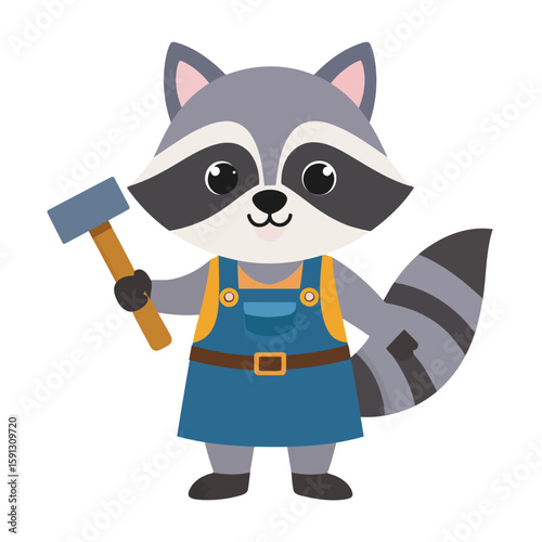 Friendly cartoon raccoon builder in blue work overalls holding a hammer