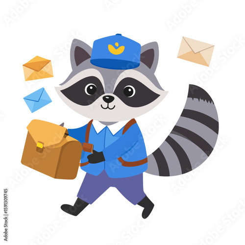 Cute cartoon raccoon postman in a blue uniform walking with a mailbag and letters.