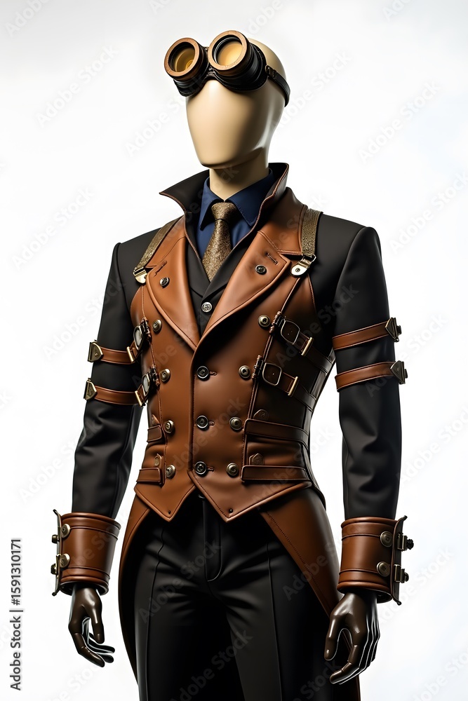 Fototapeta premium Steampunk Men's Costume on Mannequin – Close-Up on White Background