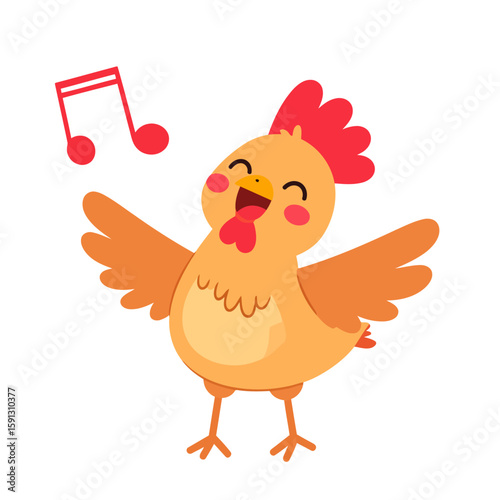 Adorable cartoon rooster singing joyfully with musical notes. A happy orange bird character with a red comb and spread wings.