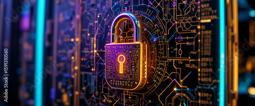 abstract block chain technology digital 3d cyber security system with golden glowing shiny metal lock on the middle dark purple golden silver lock with deep key hole shine shimmering micro glowing sys