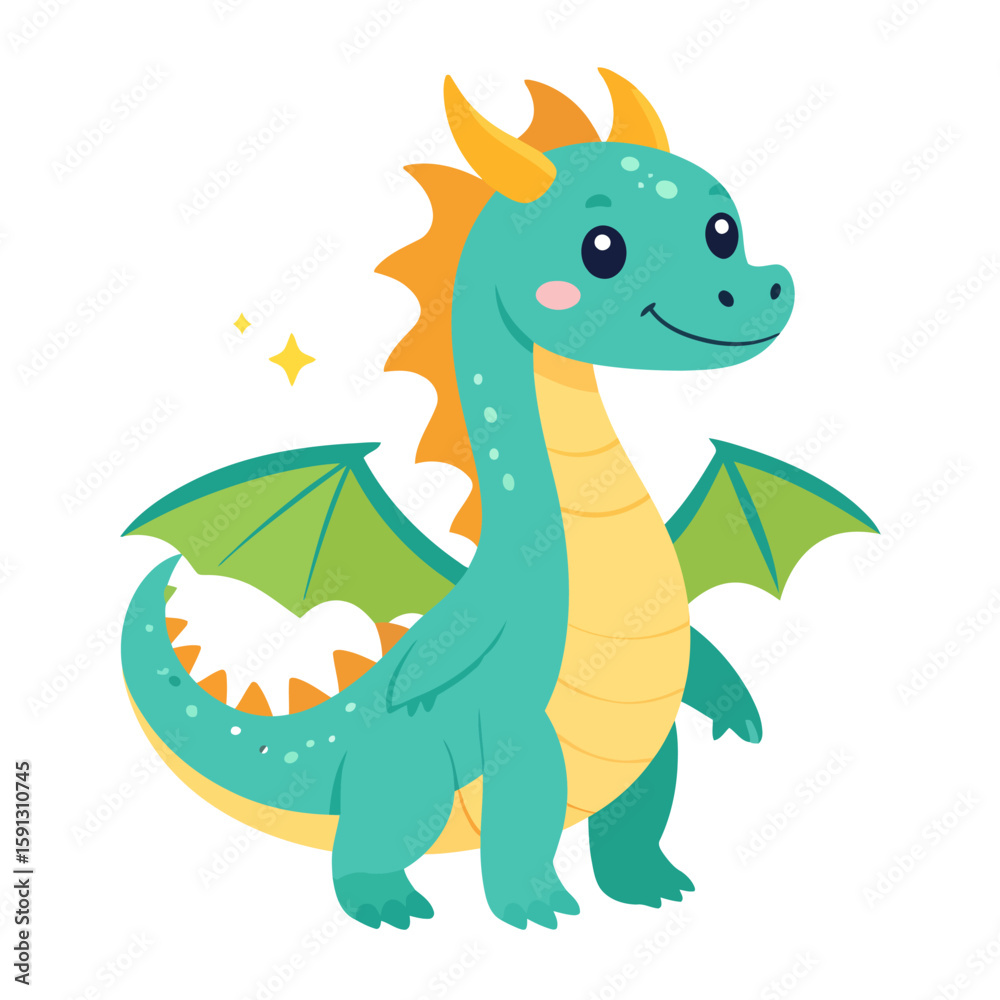 Fototapeta premium Adorable teal baby dragon with a friendly smile, orange horns, and green wings. A cute fantasy cartoon character.