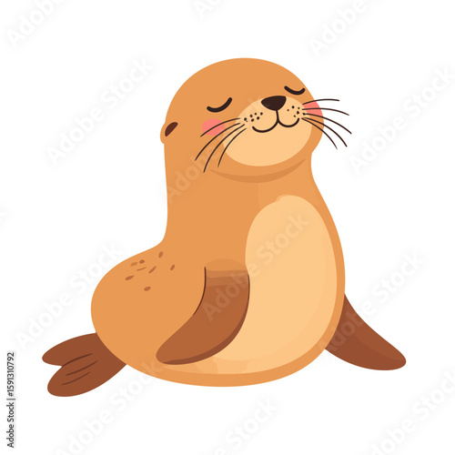 Happy brown cartoon seal pup sitting with closed eyes and a blissful expression.