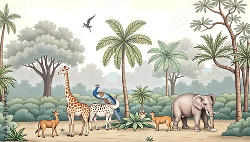 Palazzo Mughal Jungle Scene – Birds, Peacocks, and Animals in Watercolor Style Vector Background for Artistic Wallpaper and Exotic Living Room Wall Decor