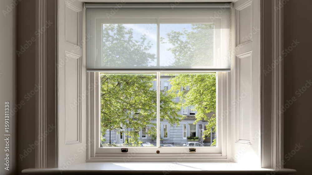 A classic window with sheer shades overlooking a leafy street A classic window with sheer shades overlooking a leafy street
