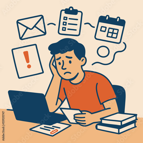 Flat illustration of stressed man at desk surrounded by reminders, emails, and deadlines, struggling with unfinished tasks