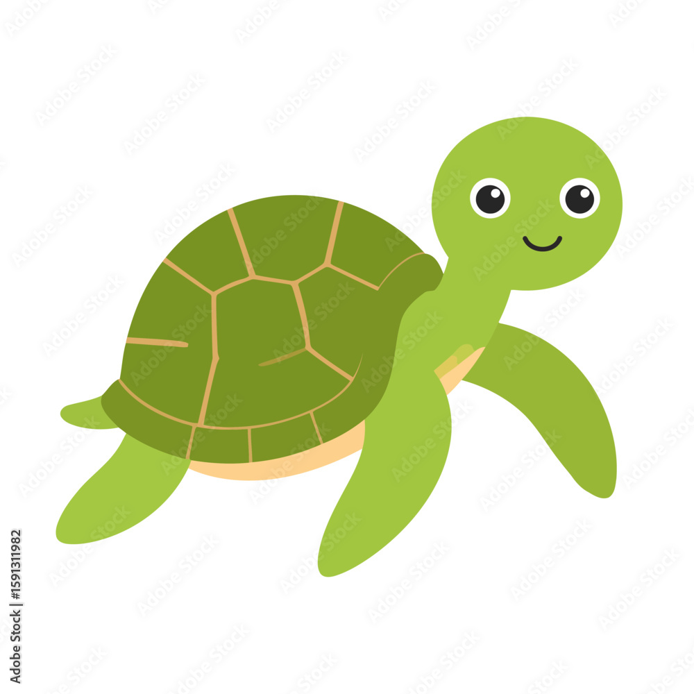 Fototapeta premium Adorable green sea turtle cartoon character with a happy smile and patterned shell, swimming.