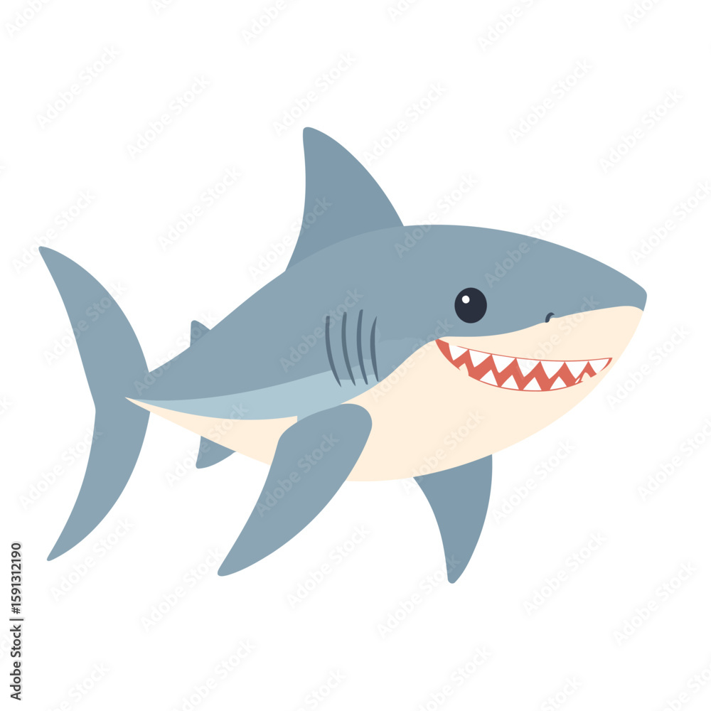 Obraz premium Friendly blue cartoon shark with a wide, toothy grin and prominent fins. Flat vector style illustration.