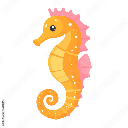 Charming orange cartoon seahorse with pink fins, a yellow belly, and a curled spiral tail.