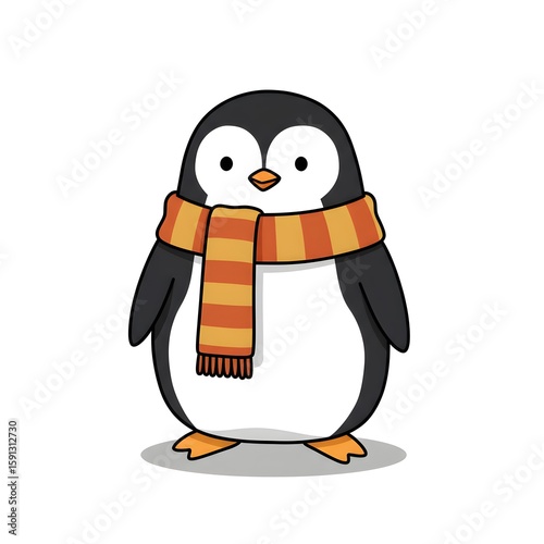 Stylized cartoon penguin wearing a striped scarf, standing on a white background. Simplistic and cute.