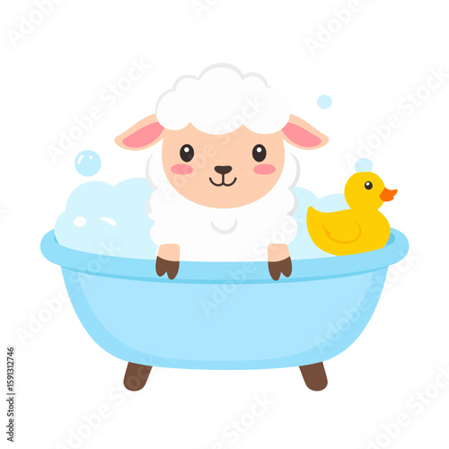 Adorable fluffy white sheep taking a bubble bath in a blue tub with a yellow rubber duck.