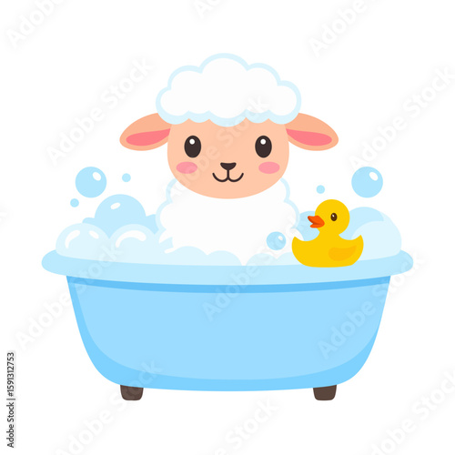 Adorable cartoon sheep with fluffy wool taking a bubble bath in a blue tub with a yellow rubber duck.