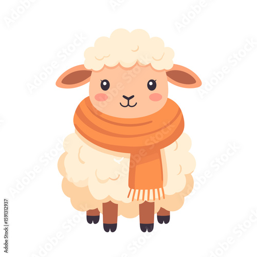Cute cartoon sheep with fluffy wool wearing a cozy orange scarf.