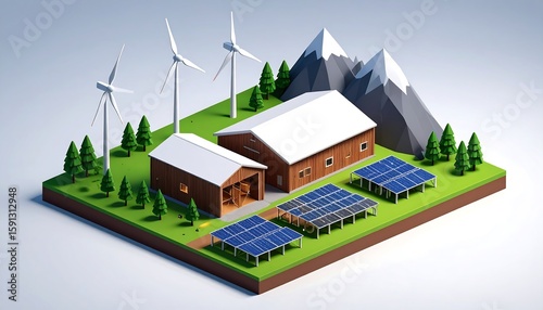 Low-poly farm with renewable energy