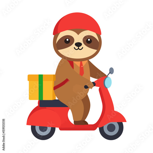 Cute cartoon sloth delivery driver in a red helmet riding a red scooter with a yellow package.