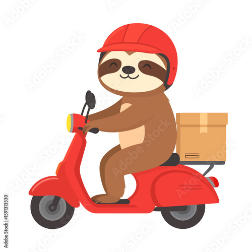 Adorable sloth courier with a happy face, wearing a helmet and riding a red delivery scooter with a package.