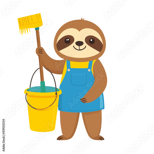 Friendly cartoon sloth janitor in blue overalls holding a yellow broom and bucket.
