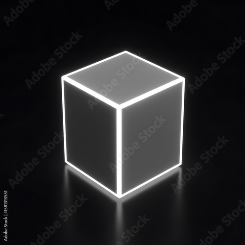 A cube outlined with white light against a dark background creates a visually striking minimalist image.