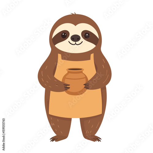 Cute cartoon sloth potter wearing an orange apron, standing and holding a handmade clay pot.