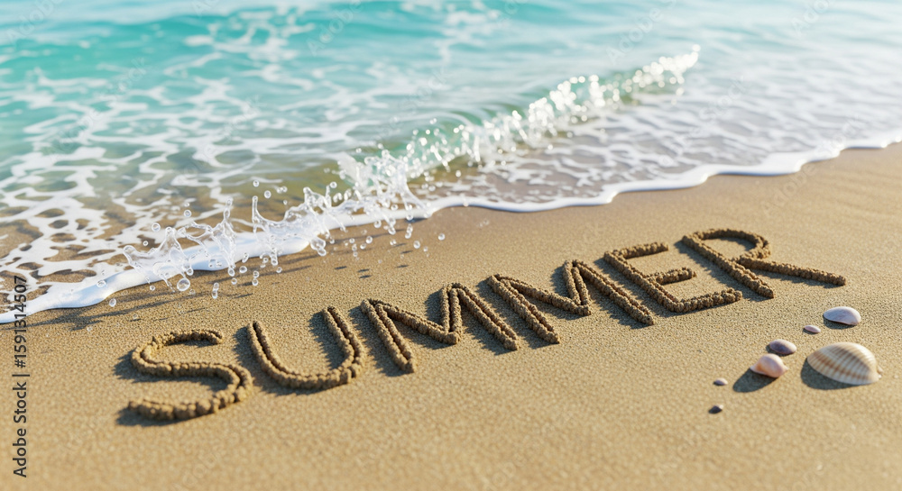Fototapeta premium SUMMER written on sandy beach with seashells and waves