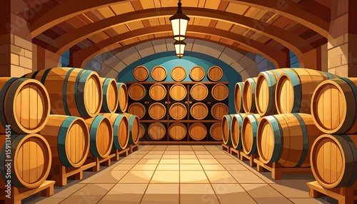 Wine cellar with oak barrels, and storage.