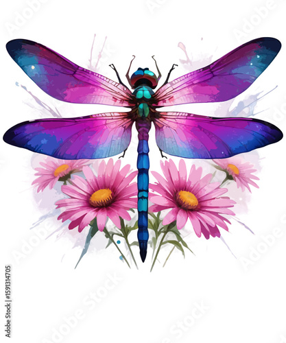 Purple Dragonfly with Pink Daisies Watercolor Illustration for Nature Wall Art