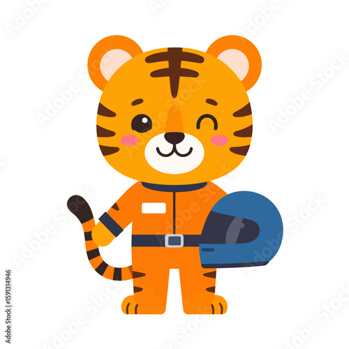 Cute cartoon tiger racer in an orange jumpsuit winking and holding a blue helmet.