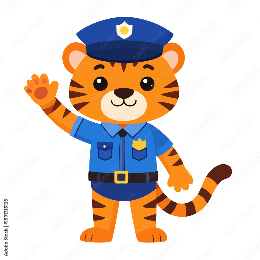 Obraz premium Friendly cartoon tiger character in a blue police officer uniform, standing and waving its paw with a cute smile.