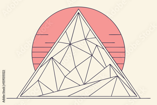Geometric mountain peak with pink sun and horizontal lines