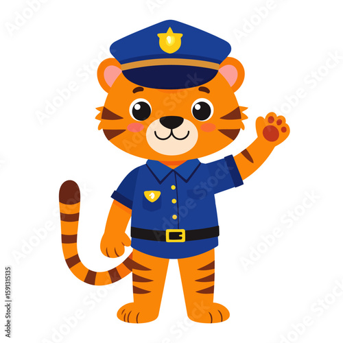 Friendly cartoon tiger character in a blue police uniform, standing and waving its paw.